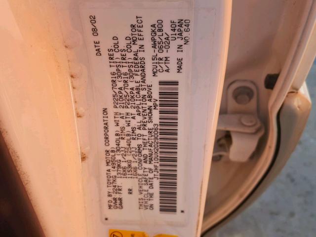 JTJHF10UX20290063 - 2002 LEXUS RX 300 WHITE photo 10