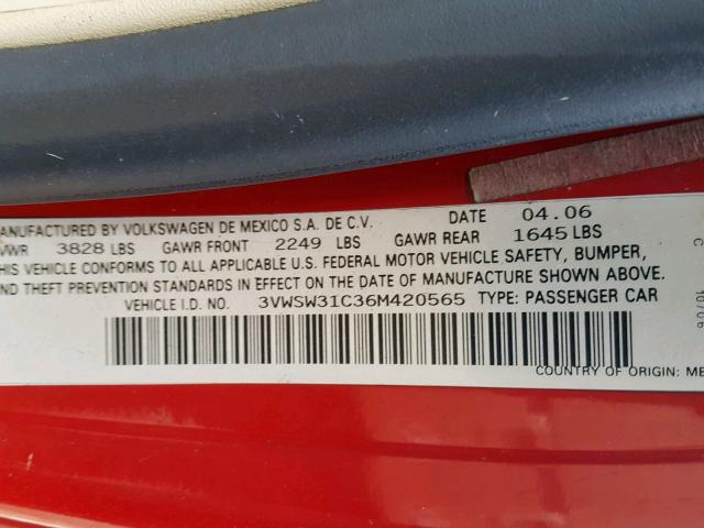 3VWSW31C36M420565 - 2006 VOLKSWAGEN NEW BEETLE 红色 照片 10