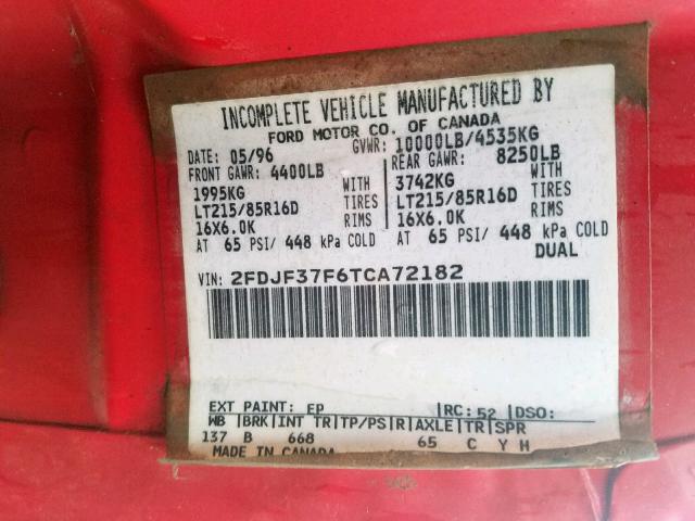 2FDJF37F6TCA72182 - 1996 FORD F350 RED photo 10