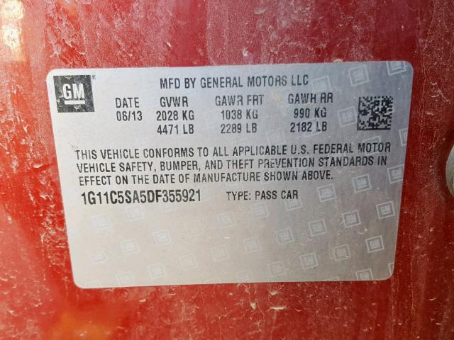 1G11C5SA5DF355921 - 2013 CHEVROLET MALIBU 1LT 红色 照片 10