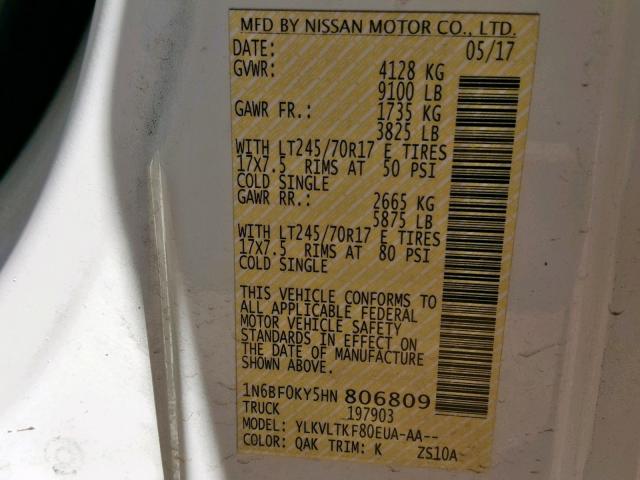 1N6BF0KY5HN806809 - 2017 NISSAN NV 1500 S WHITE photo 10