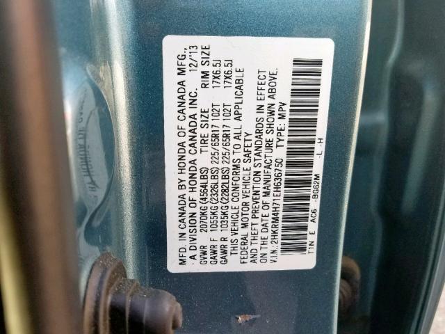 2HKRM4H71EH636750 - 2014 HONDA CR-V EXL BLUE photo 10