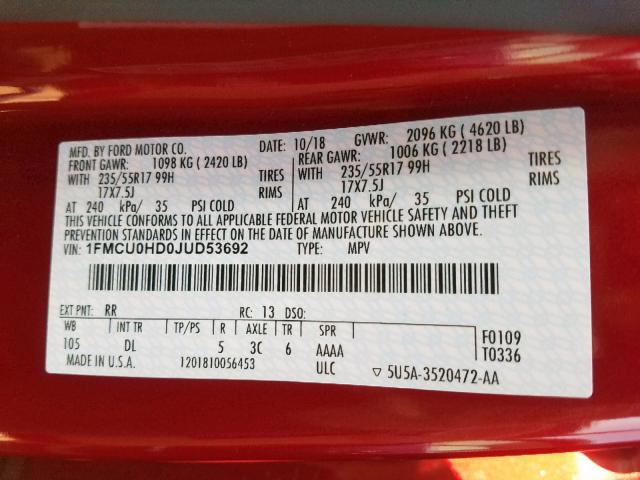 1FMCU0HD0JUD53692 - 2018 FORD ESCAPE SEL RED photo 10