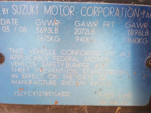 JS2YC412785104300 - 2008 SUZUKI SX4 BLACK photo 10