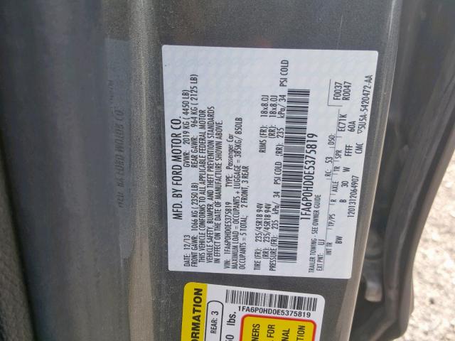 1FA6P0HD0E5375819 - 2014 FORD FUSION SE GRAY photo 10