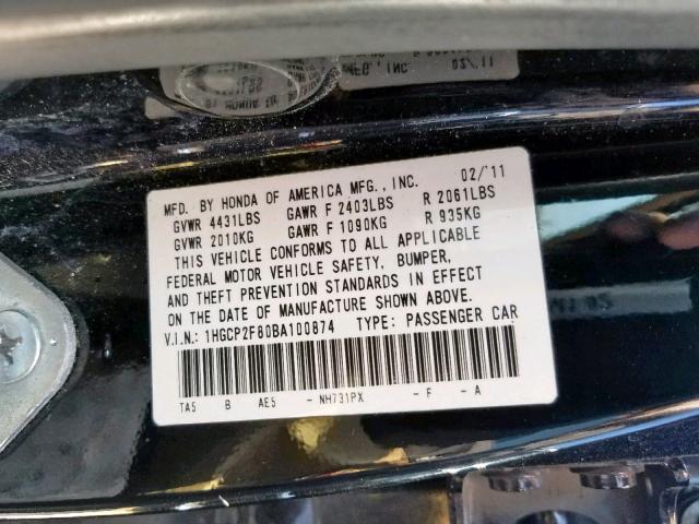 1HGCP2F80BA100874 - 2011 HONDA ACCORD EXL BLACK photo 10