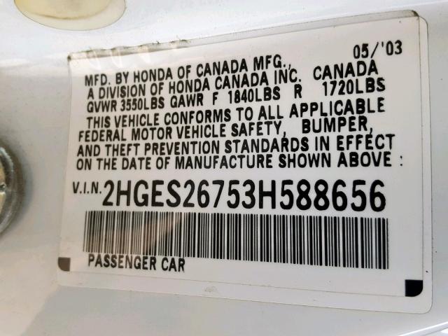 2HGES26753H588656 - 2003 HONDA CIVIC EX WHITE photo 10