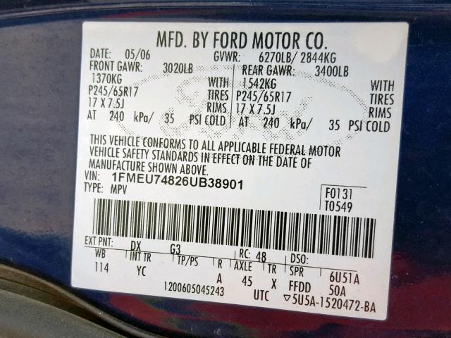 1FMEU74826UB38901 - 2006 FORD EXPLORER E BLUE photo 10