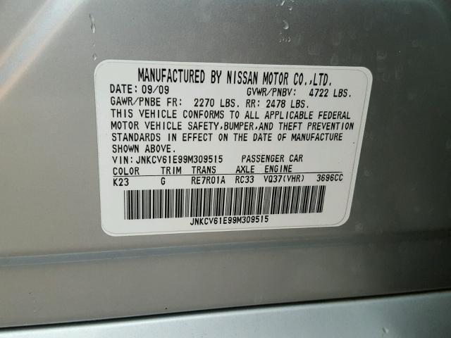 JNKCV61E99M309515 - 2009 INFINITI G37 BASE GRAY photo 10