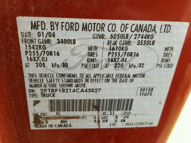 2FTRF18214CA45027 - 2004 FORD F-150 HERI RED photo 10