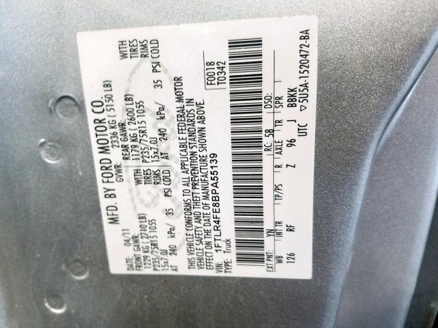 1FTLR4FE8BPA55139 - 2011 FORD RANGER SUP SILVER photo 10