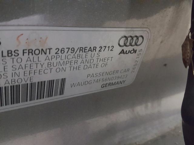 WAUDG74F56N039423 - 2006 AUDI A6 3.2 QUA GRAY photo 10