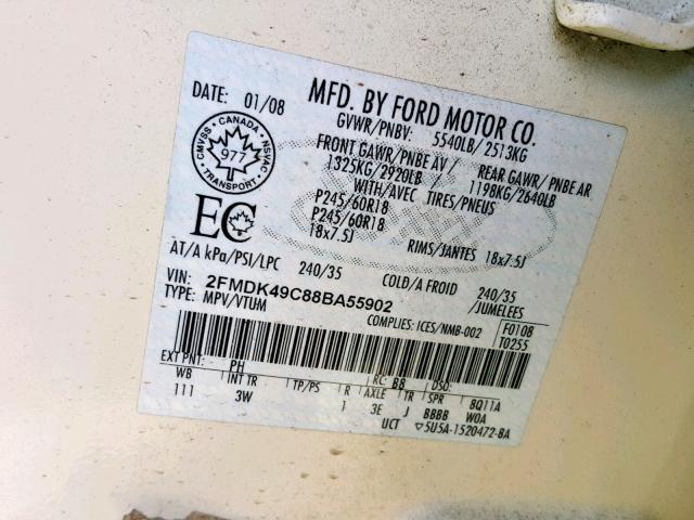 2FMDK49C88BA55902 - 2008 FORD EDGE LIMIT WHITE photo 10