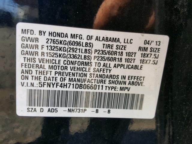 5FNYF4H71DB066011 - 2013 HONDA PILOT EXLN BLACK photo 10