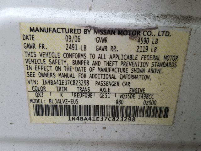 1N4BA41E37C823298 - 2007 NISSAN MAXIMA SE WHITE photo 10