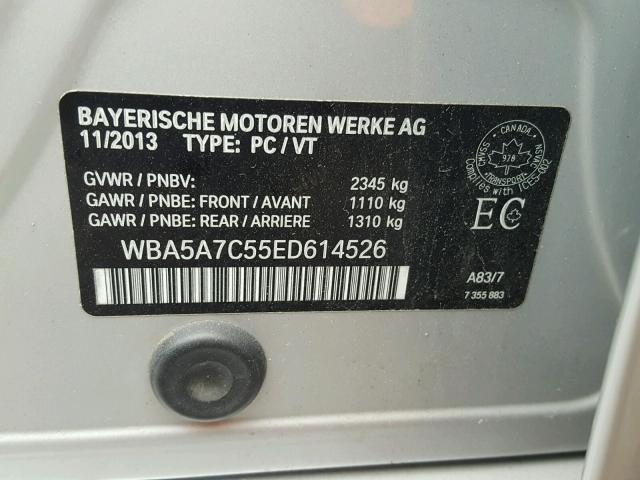 WBA5A7C55ED614526 - 2014 BMW 528 XI SILVER photo 10