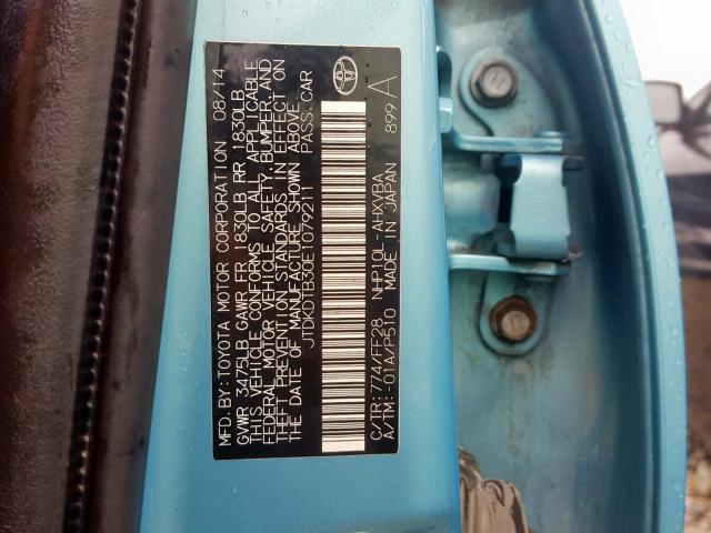 JTDKDTB30E1079211 - 2014 TOYOTA PRIUS C TEAL photo 10