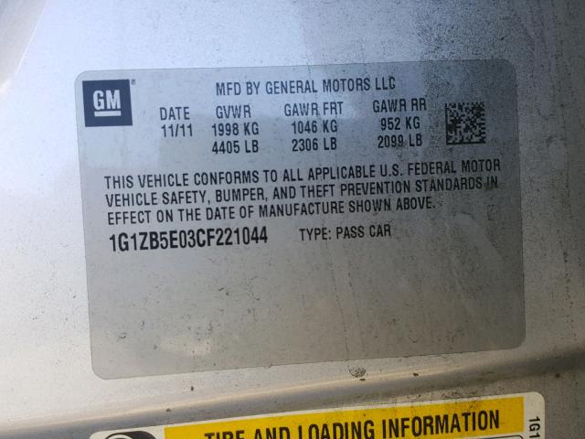 1G1ZB5E03CF221044 - 2012 CHEVROLET MALIBU LS 银色 照片 10