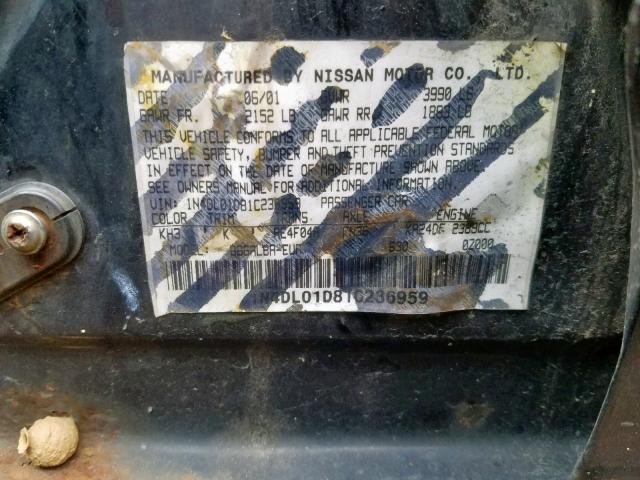 1N4DL01D81C236959 - 2001 NISSAN ALTIMA XE BLACK photo 10