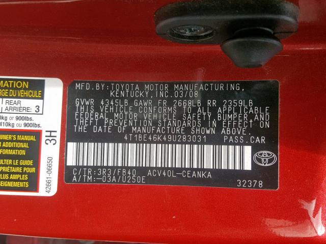 4T1BE46K49U283031 - 2009 TOYOTA CAMRY BASE RED photo 10