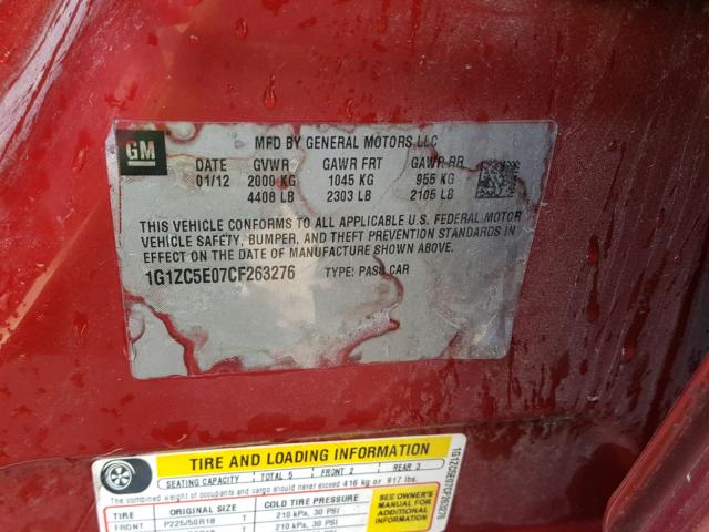 1G1ZC5E07CF263276 - 2012 CHEVROLET MALIBU 1LT 红色 照片 10