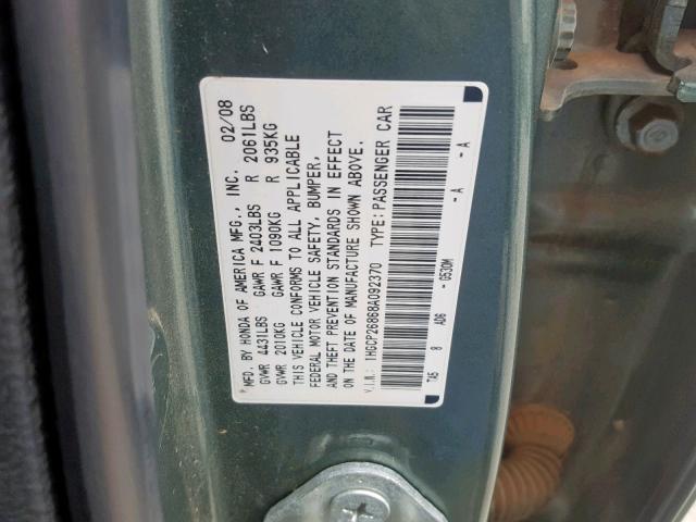 1HGCP26868A092370 - 2008 HONDA ACCORD EXL GREEN photo 10