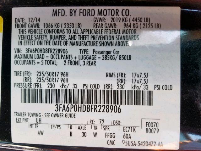 3FA6P0HD8FR228906 - 2015 FORD FUSION SE BLACK photo 10