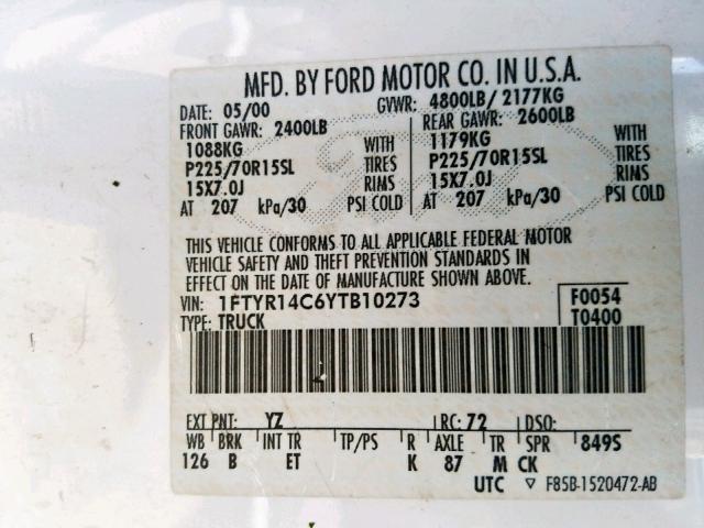 1FTYR14C6YTB10273 - 2000 FORD RANGER SUP WHITE photo 10