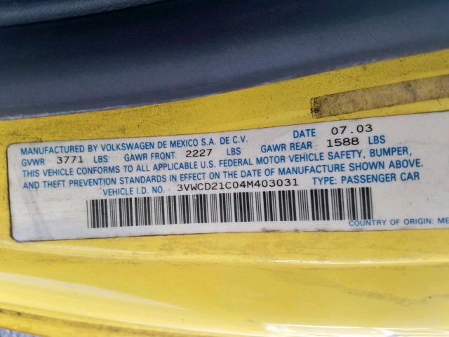3VWCD21C04M403031 - 2004 VOLKSWAGEN NEW BEETLE ყვითელი ფოტო 10