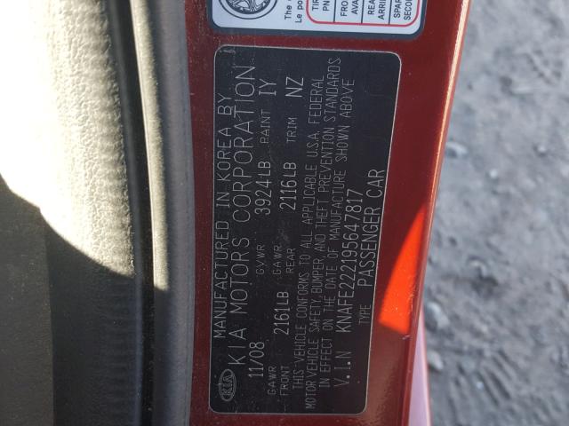 KNAFE222195647817 - 2009 KIA SPECTRA EX RED photo 10