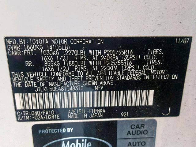 JTLKE50E481048310 - 2008 SCION XB WHITE photo 10