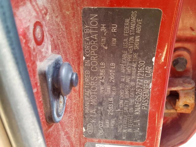 KNAFG526777121630 - 2007 KIA RONDO LX RED photo 10