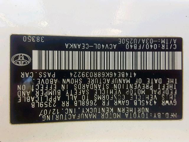 4T4BE46K68R039224 - 2008 TOYOTA CAMRY CE WHITE photo 10