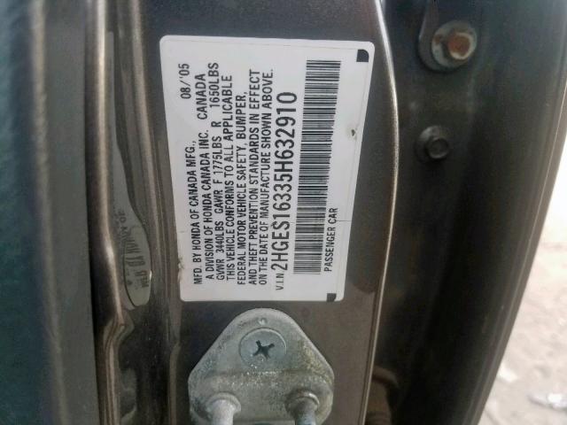 2HGES16335H632910 - 2005 HONDA CIVIC DX V GRAY photo 10