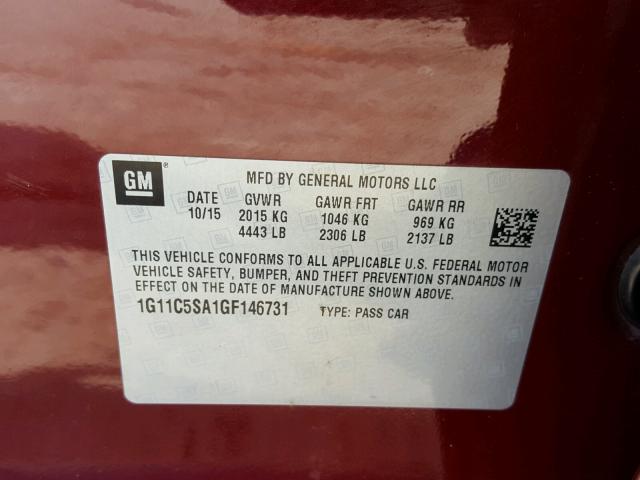 1G11C5SA1GF146731 - 2016 CHEVROLET MALIBU LIM BURGUNDY photo 10