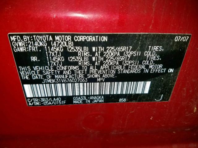 JTMBK31V676027063 - 2007 TOYOTA RAV4 LIMIT RED photo 10