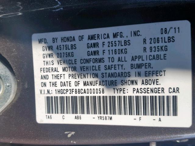 1HGCP3F88CA000058 - 2012 HONDA ACCORD EXL GRAY photo 10