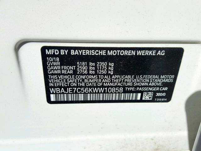 WBAJE7C56KWW10858 - 2019 BMW 540 XI WHITE photo 10