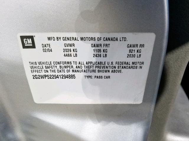 2G2WP522941294885 - 2004 PONTIAC GRAND PRIX SILVER photo 10