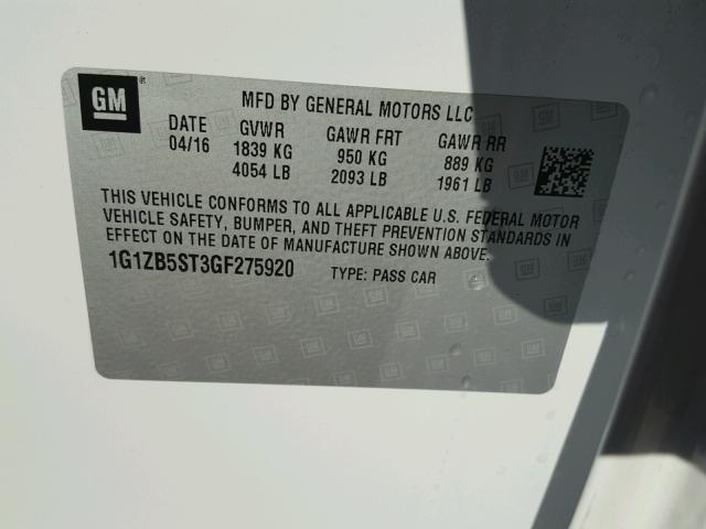 1G1ZB5ST3GF275920 - 2016 CHEVROLET MALIBU LS 白色 照片 10