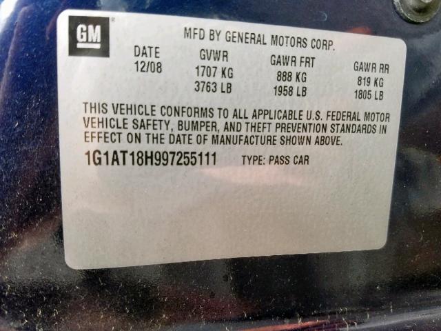 1G1AT18H997255111 - 2009 CHEVROLET COBALT LT BLUE photo 10