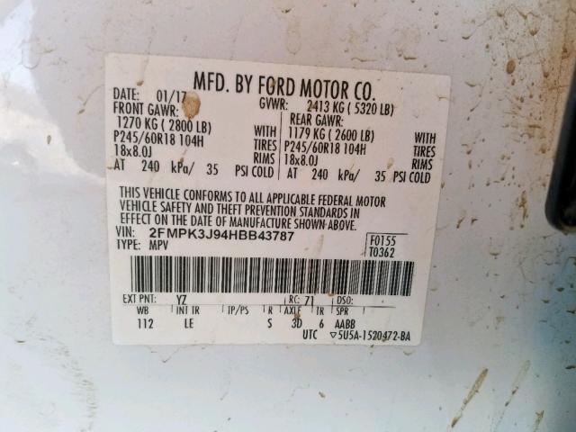 2FMPK3J94HBB43787 - 2017 FORD EDGE SEL WHITE photo 10