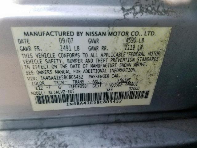 1N4BA41E58C805452 - 2008 NISSAN MAXIMA SE SILVER photo 10