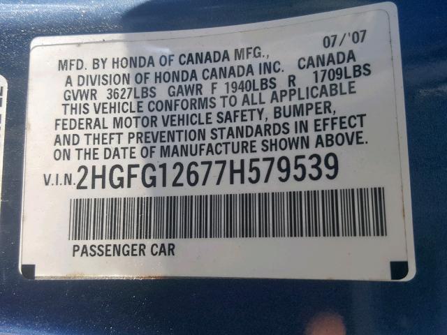 2HGFG12677H579539 - 2007 HONDA CIVIC LX BLUE photo 10