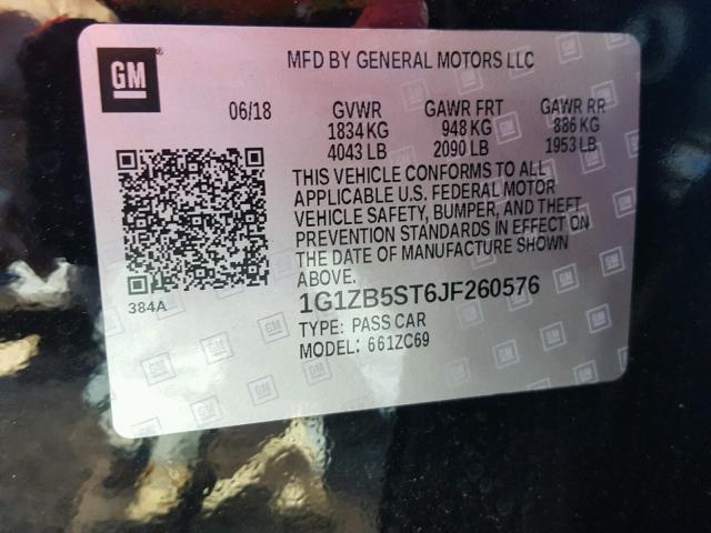 1G1ZB5ST6JF260576 - 2018 CHEVROLET MALIBU LS შავი ფოტო 10