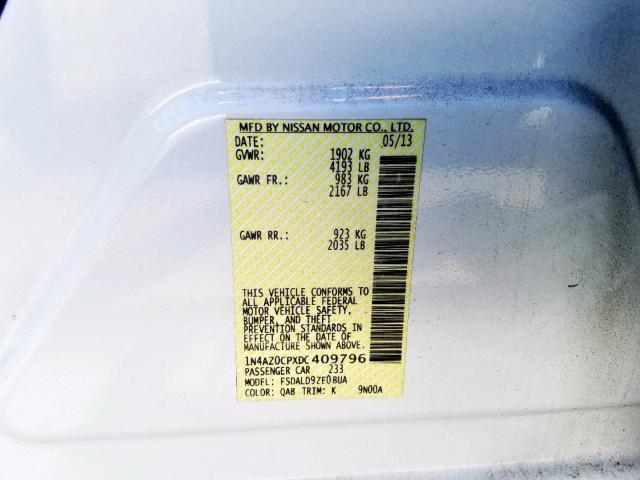 1N4AZ0CPXDC409796 - 2013 NISSAN LEAF S WHITE photo 10