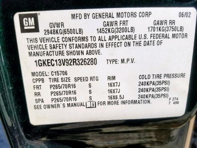 1GKEC13V92R326280 - 2002 GMC YUKON GREEN photo 10