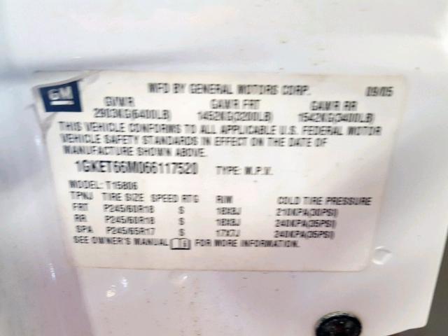 1GKET66M066117520 - 2006 GMC ENVOY DENA WHITE photo 10