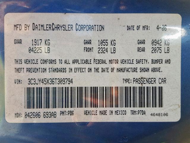 3C3JY45X36T309794 - 2006 CHRYSLER PT CRUISER BLUE photo 10