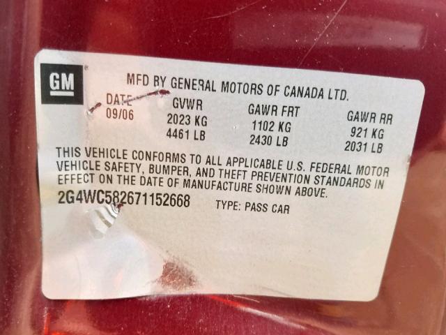 2G4WC582671152668 - 2007 BUICK LACROSSE C MAROON photo 10